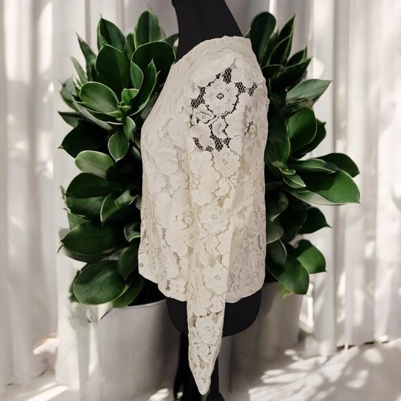 WAYF Ivory Lace Blouse – Puff Shoulders, Sheer Long Sleeves, Back Zip, S… - Picture 2 of 10